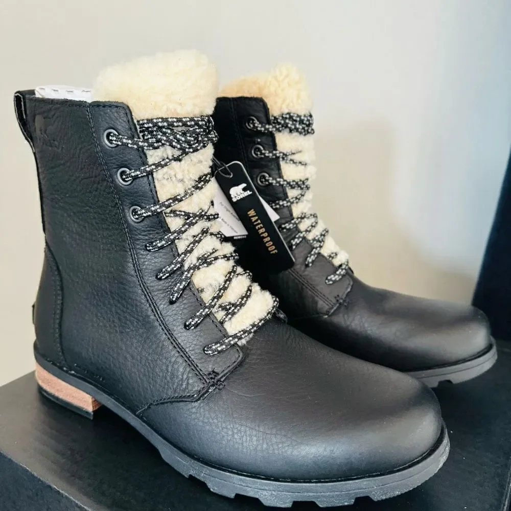 SOREL Emelie Genuine Shearling Lamb Fur Short Lace-Up Boot, Black, Size 9,‎ NWT